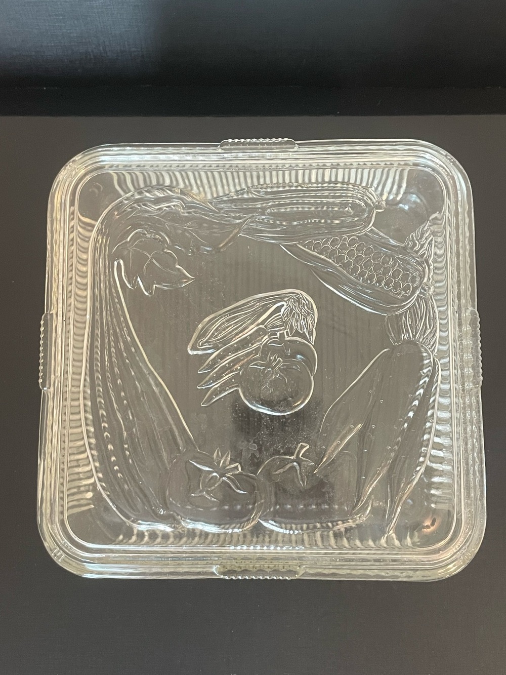 Vintage Federal Glass Square Refrigerator Dish Ribbed Sides Vegetable Motif Lid
